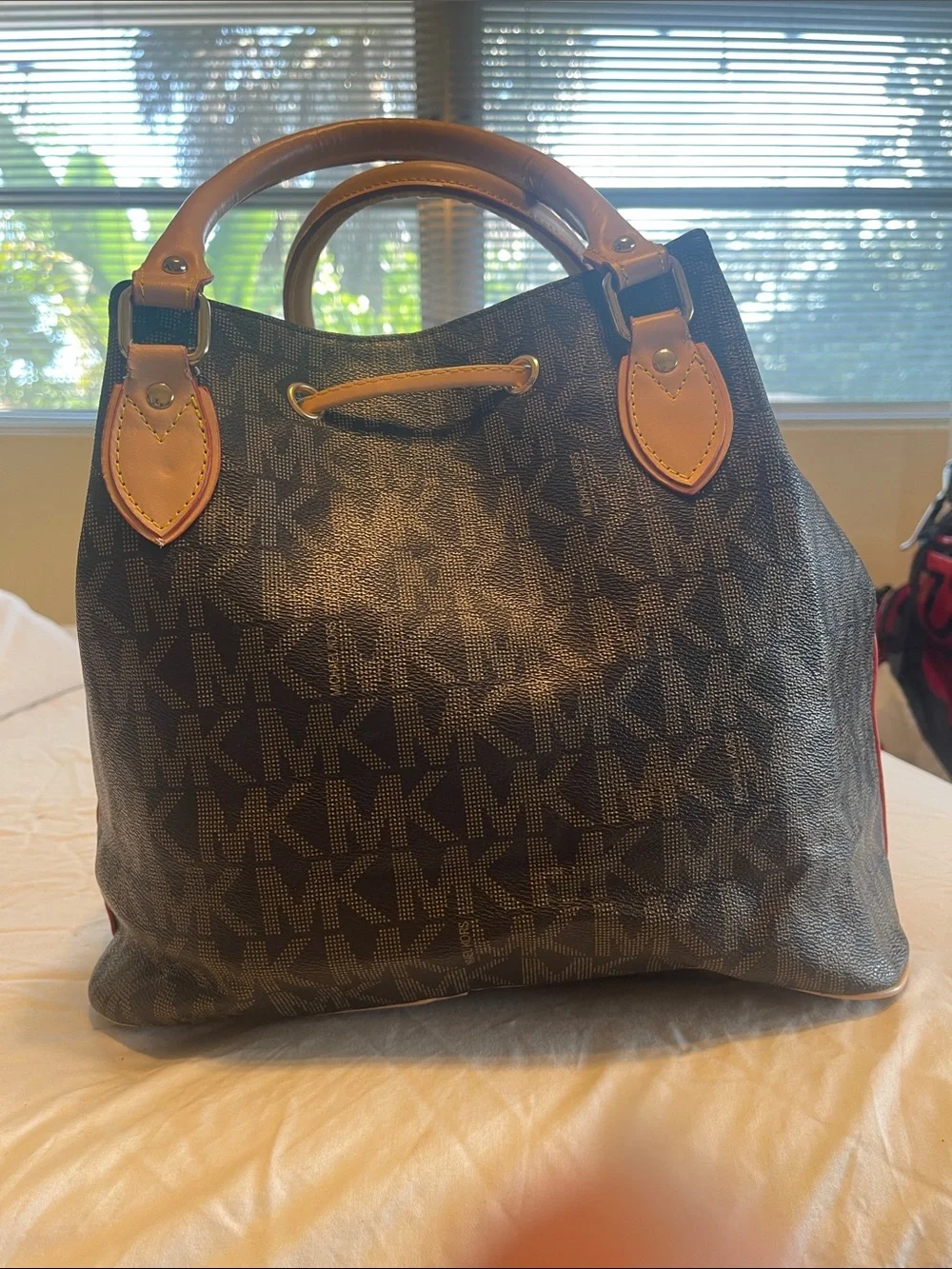 Michael Kors Black Logo Drawstring Shoulder Bag with Tan Trim